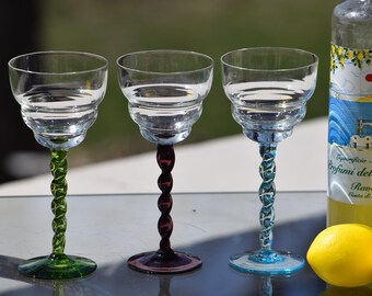 Vintage Multi Colored Clear Twisted Stem Cocktail Glasses, Set of 7,  Vintage Liqueur Glasses, Vintage Cocktail Coupes, 2-3 oz Coupes