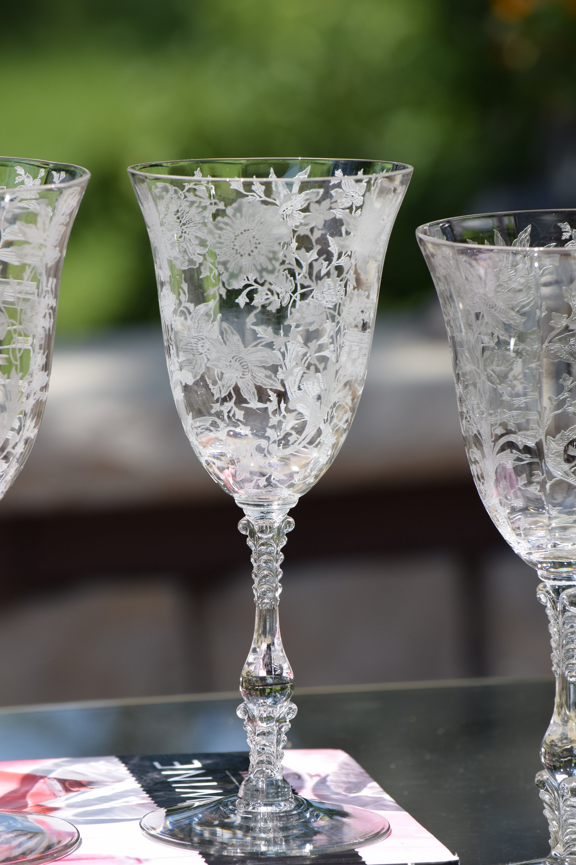 4 Vintage Etched Crystal Wine Glasses, Cambridge, 1940's, Crystal Water  Goblets