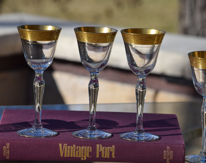6 Vintage Gold Encrusted Wine Liqueur Cordials, Glastonbury Lotus, 1940's, 3 oz After Dinner Dessert Wine Glasses,  3 oz Port Wine Glasses