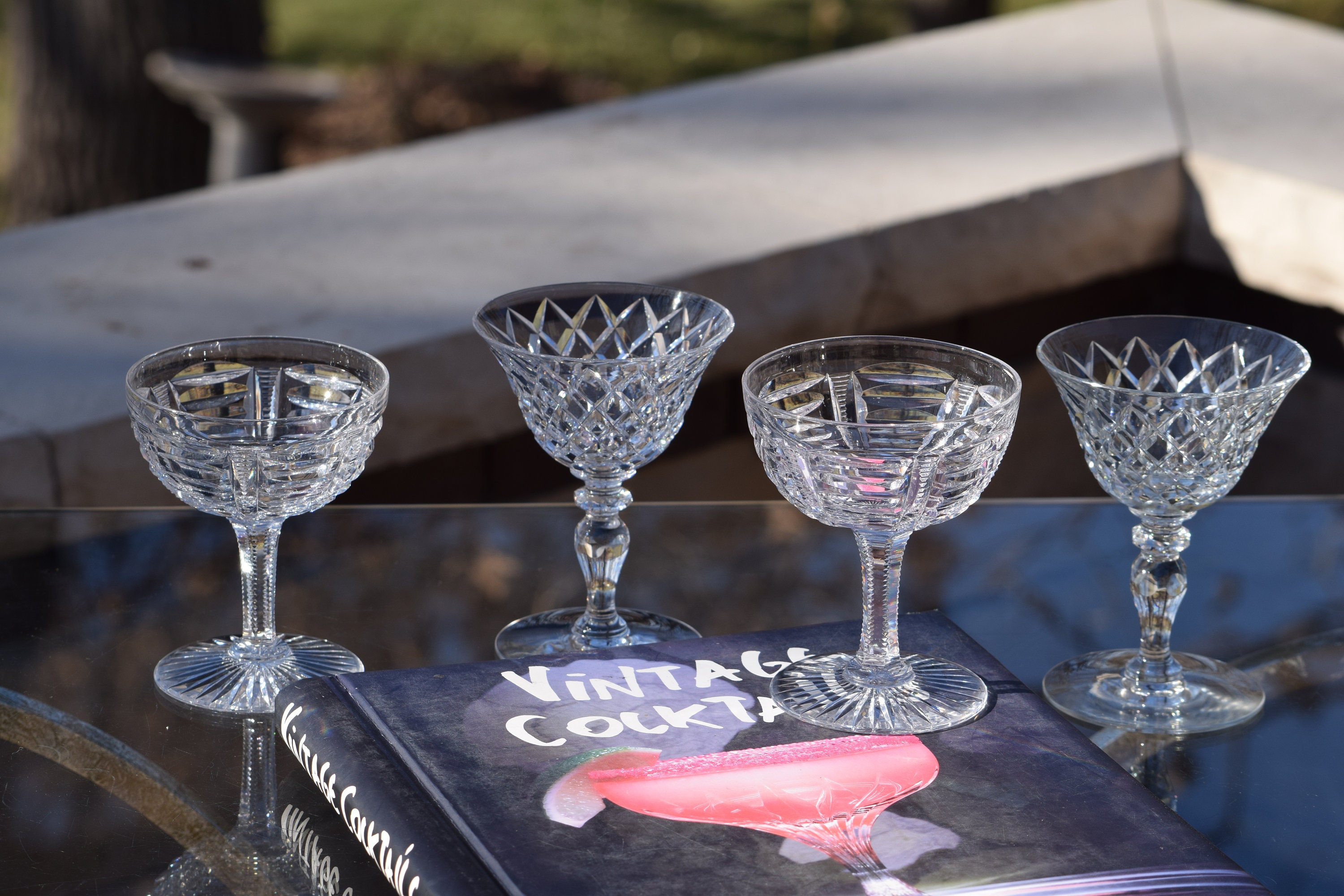 4 Vintage Etched Cocktail ~ Martini Glasses, Set of 4 Mis-Matched