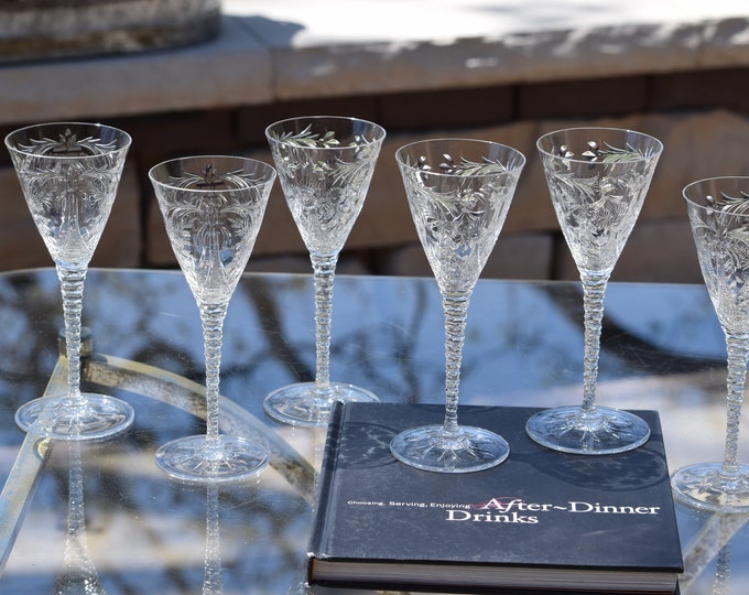 4 Vintage Etched CRYSTAL Cut Stem Port Wine Glasses, Libbey 1940's