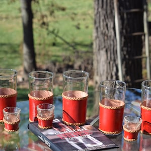Vintage Libbey Red Leather Cocktail Set: Highball & Shot Glasses
