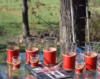 Vintage Libbey Red Leather Cocktail Set: Highball & Shot Glasses