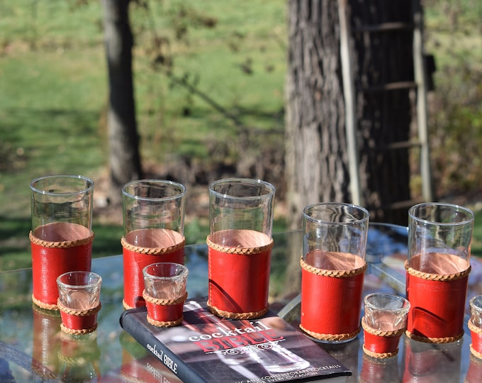 5 Vintage Red and Tan Leather Wrapped Highballs and 4 Shot Glasses, 1950's  Libbey Cocktail ~ Whiskey ~ Bourbon Glasses ~ Mad Men Barware