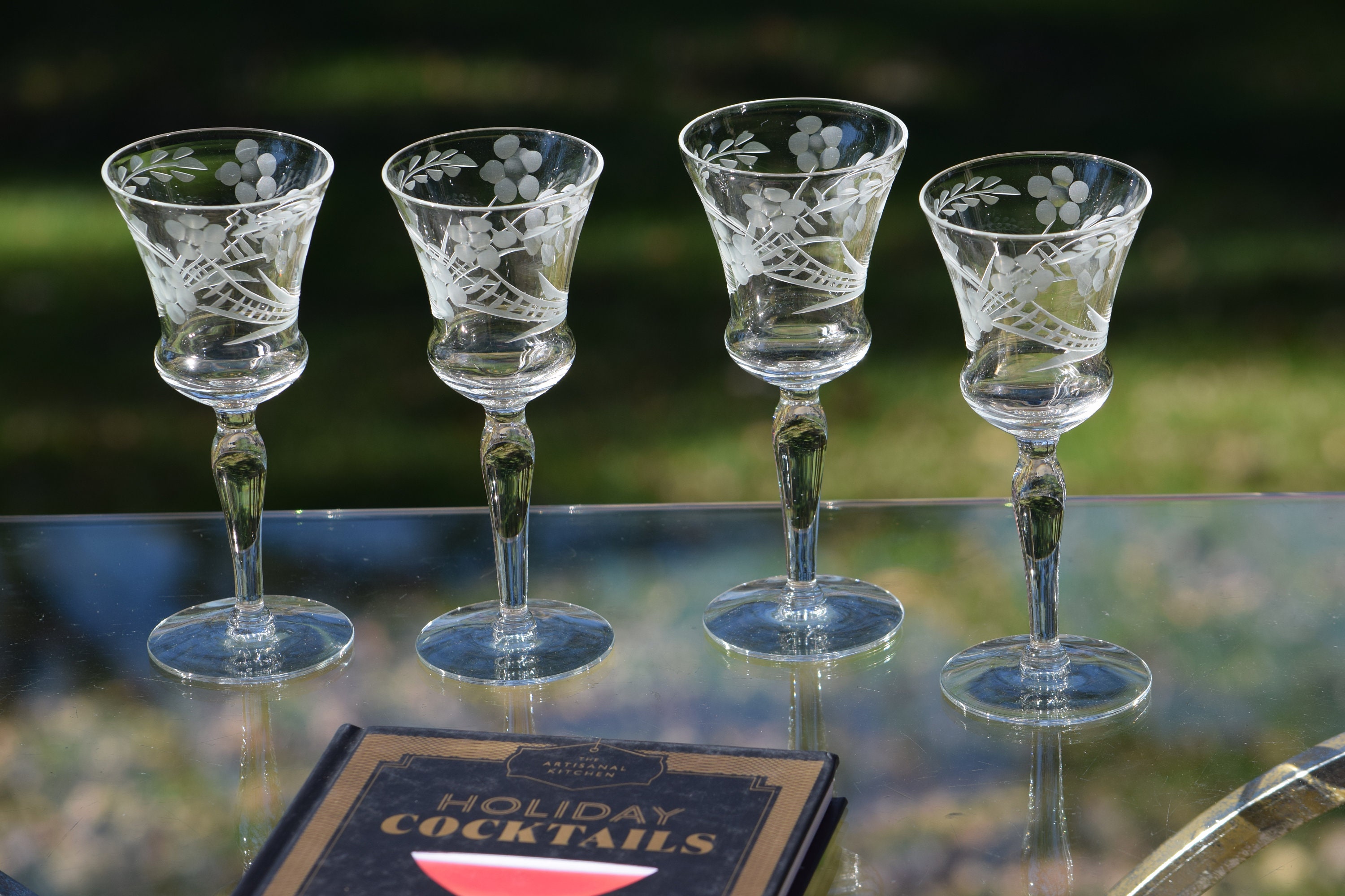 Vintage Etched Wine Cordials, Set of 4, circa 1950, 3 oz, Vintage Port