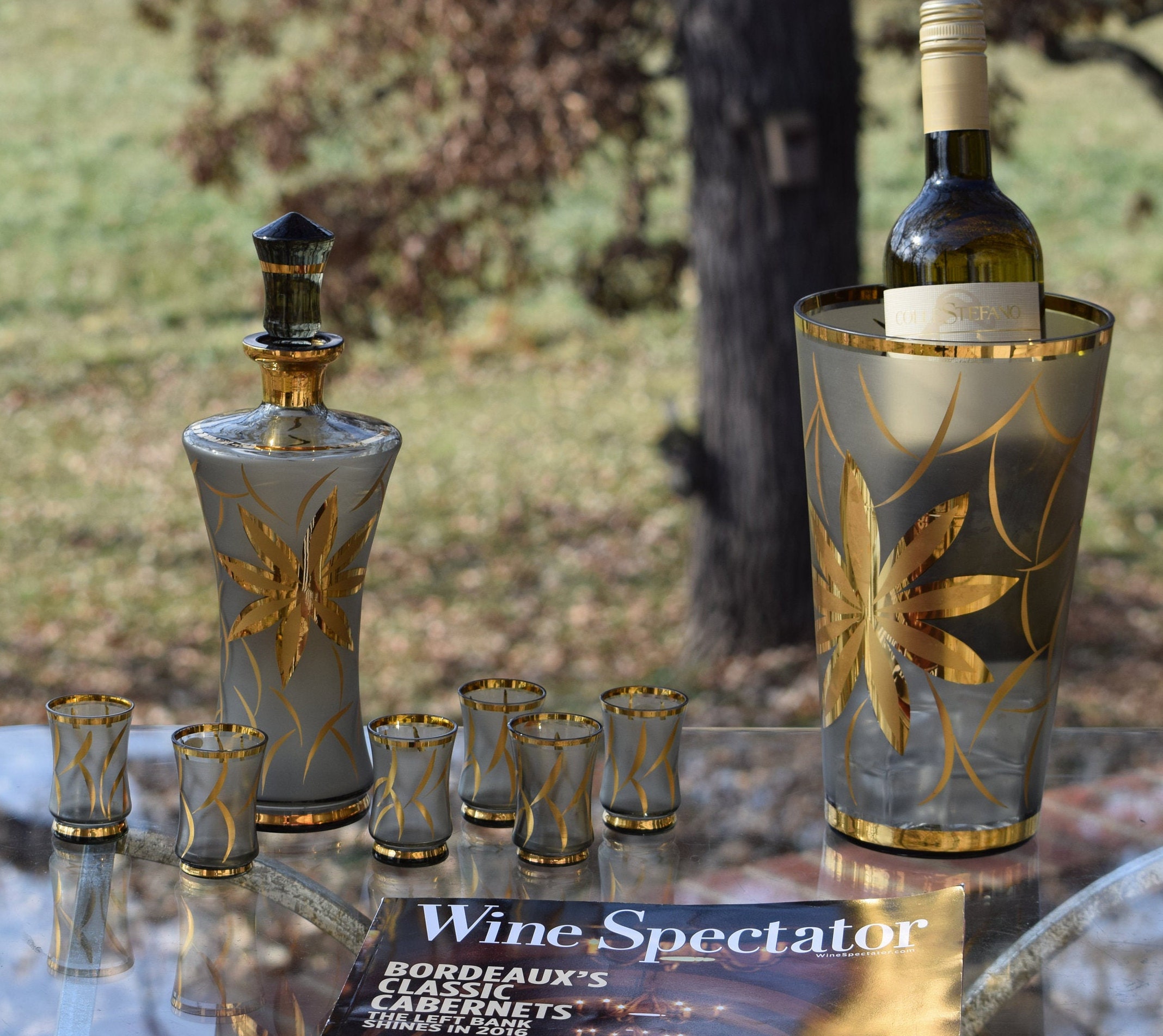 Vintage Gold Floral Wine Decanter with matching shot glasses and Wine