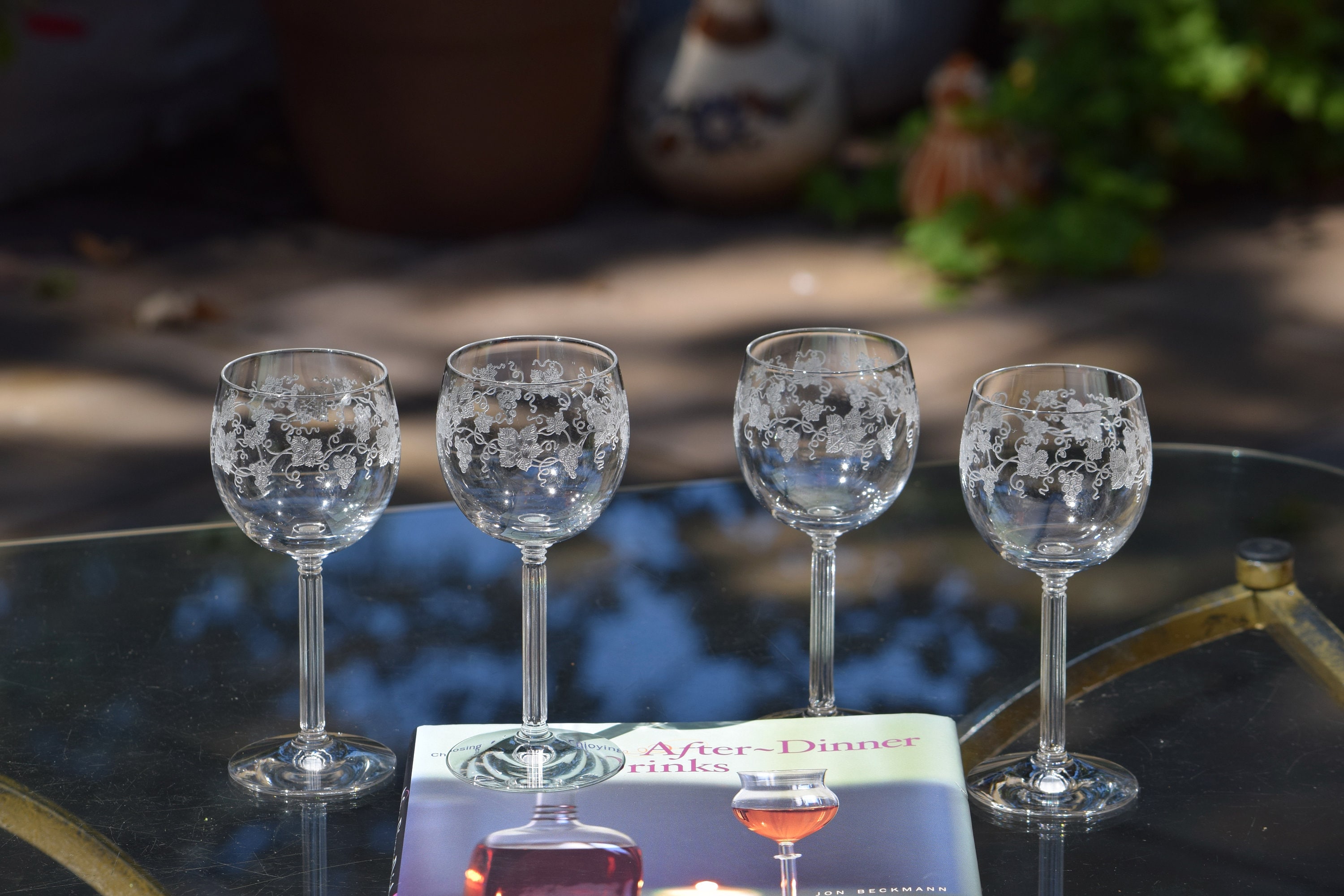 4 Vintage Etched Crystal Wine Cordial Glasses, Fostoria, Nectar, 1936