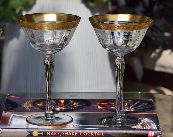 Vintage Etched Gold Encrusted Cocktail Glasses, Central Glass Works c. 1910