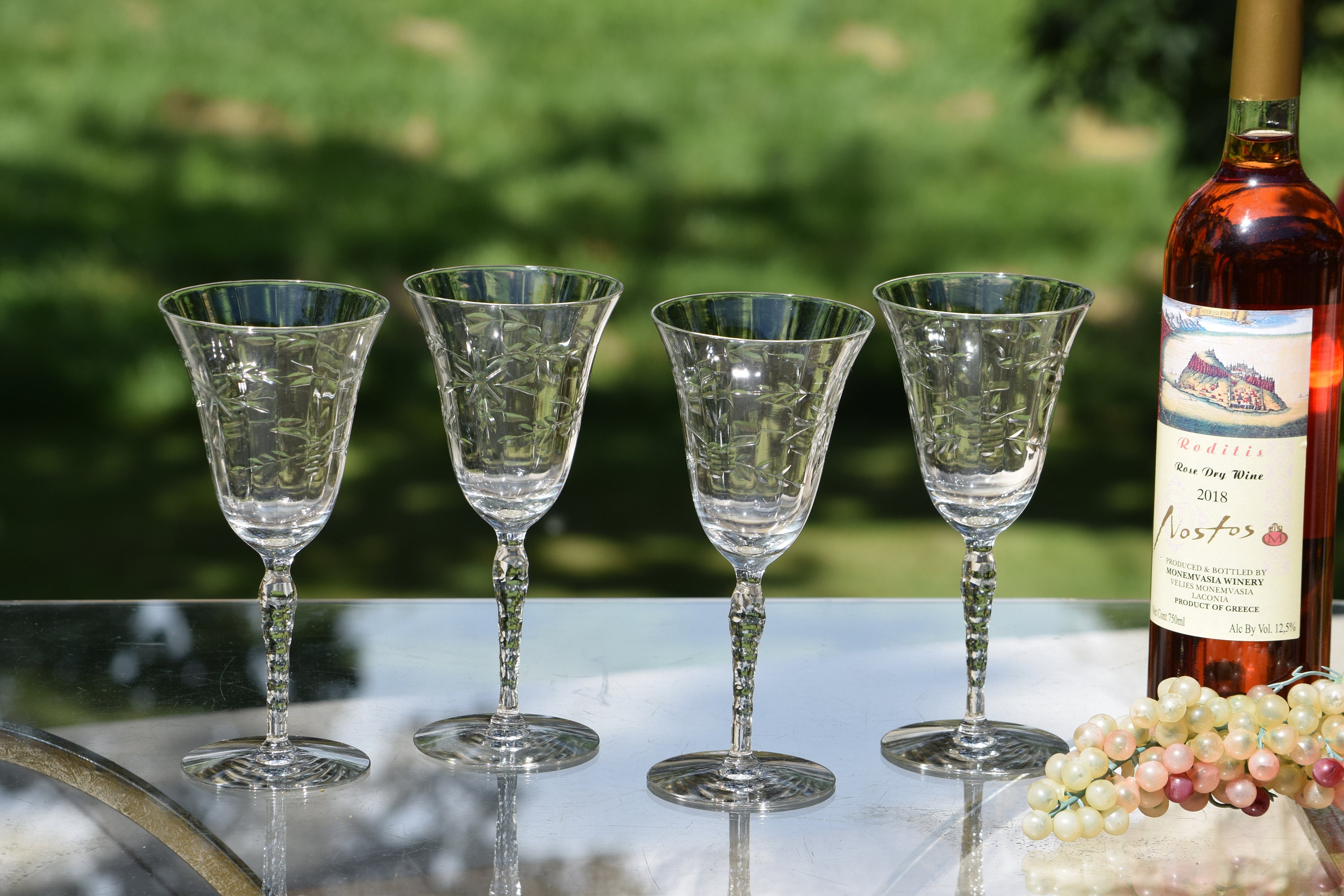 Vintage Set of 4 Clear Floral Etched Toasting Wine Glasses Tall Cut Stems —  RetroModernCo