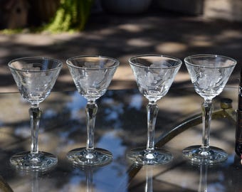 Vintage Etched Liqueur Glasses: 1950s Floral Cordials, Set of 4