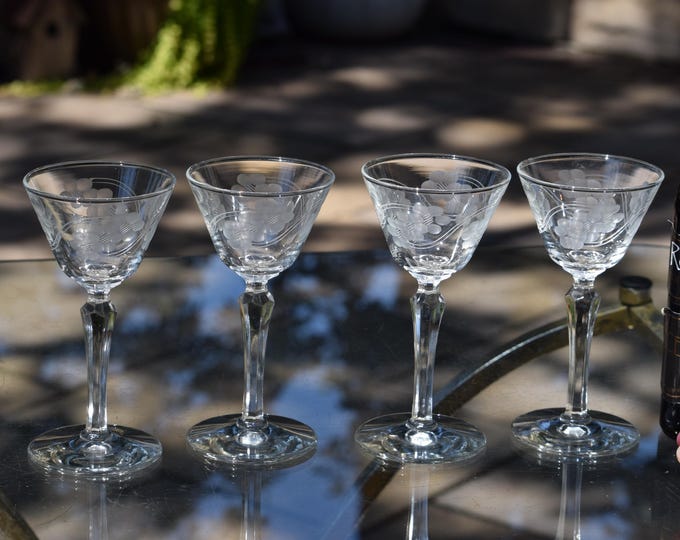 After Dinner Drinks?  4 Vintage Etched Liqueur ~ Wine Cordials - Glasses, 1950's, 3.5 oz After Dinner Drinks ~ 3.5 oz Port Wine glasses