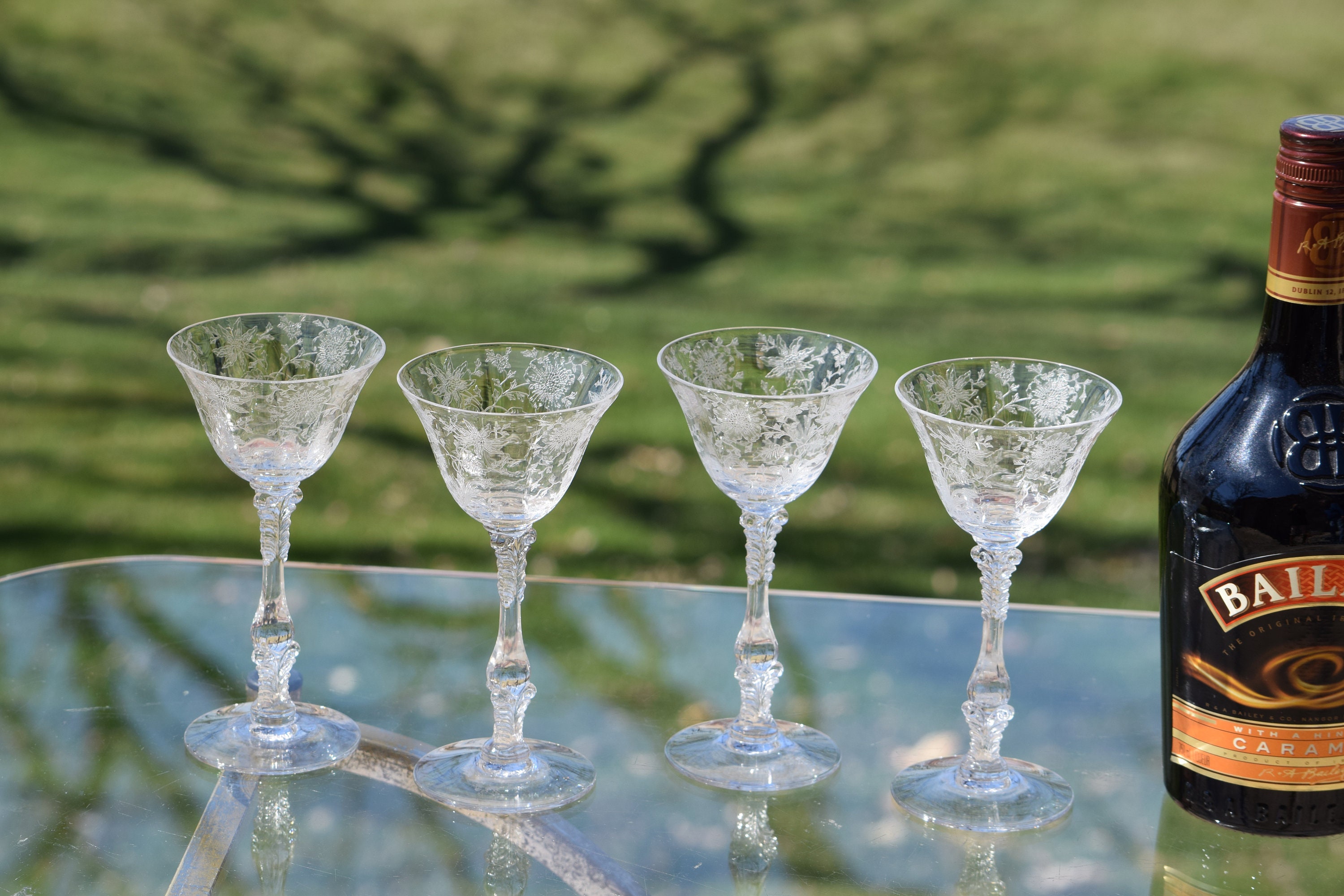 4 Vintage Etched Liqueur ~ Cocktail Glasses, Cambridge ~ Wildflower, circa  1939, After Dinner Drink 4 oz Liquor ~ Limoncello Glasses