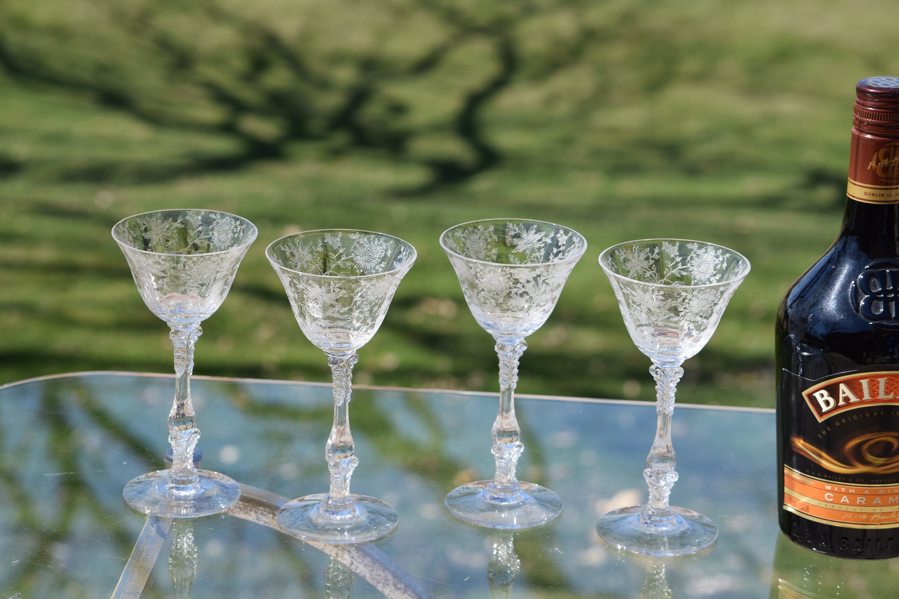 4 Vintage Etched CRYSTAL Liqueur Cocktail Glasses, Fostoria, Circa