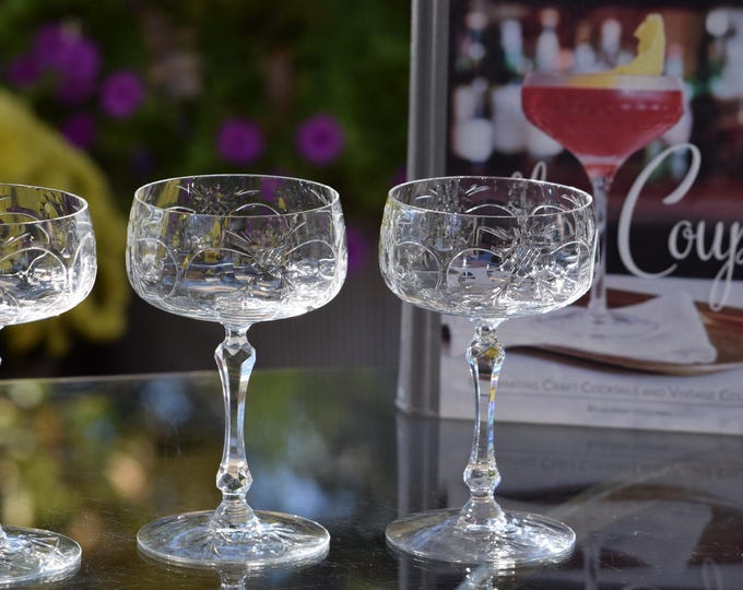 Vintage Etched Crystal Cocktail Glasses ~ Champagne Coupes, Set of 4, Vintage Crystal Stemware