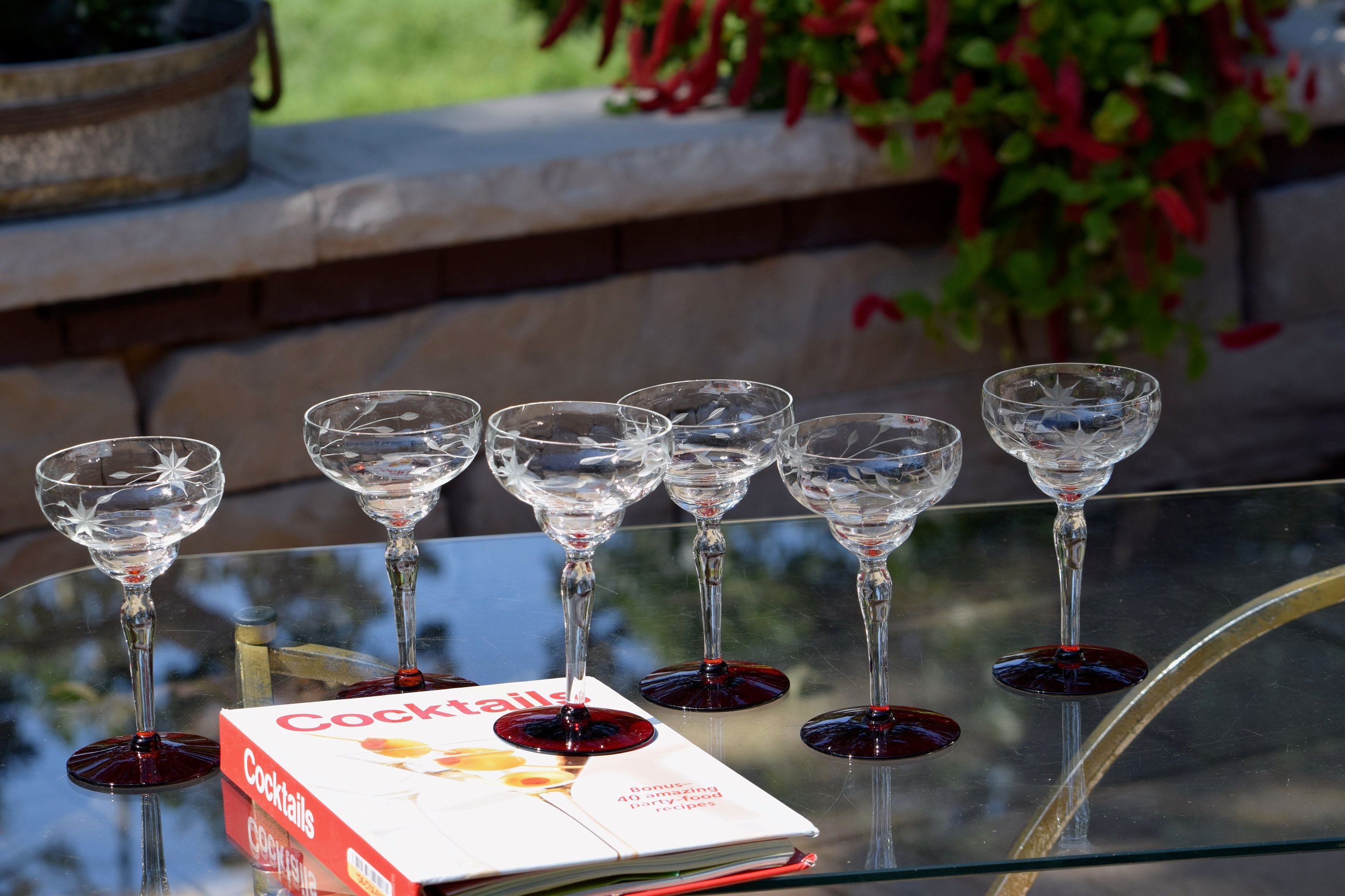 5 Vintage Etched Red Cocktail Glasses, 1950's, Vintage 4 oz Small