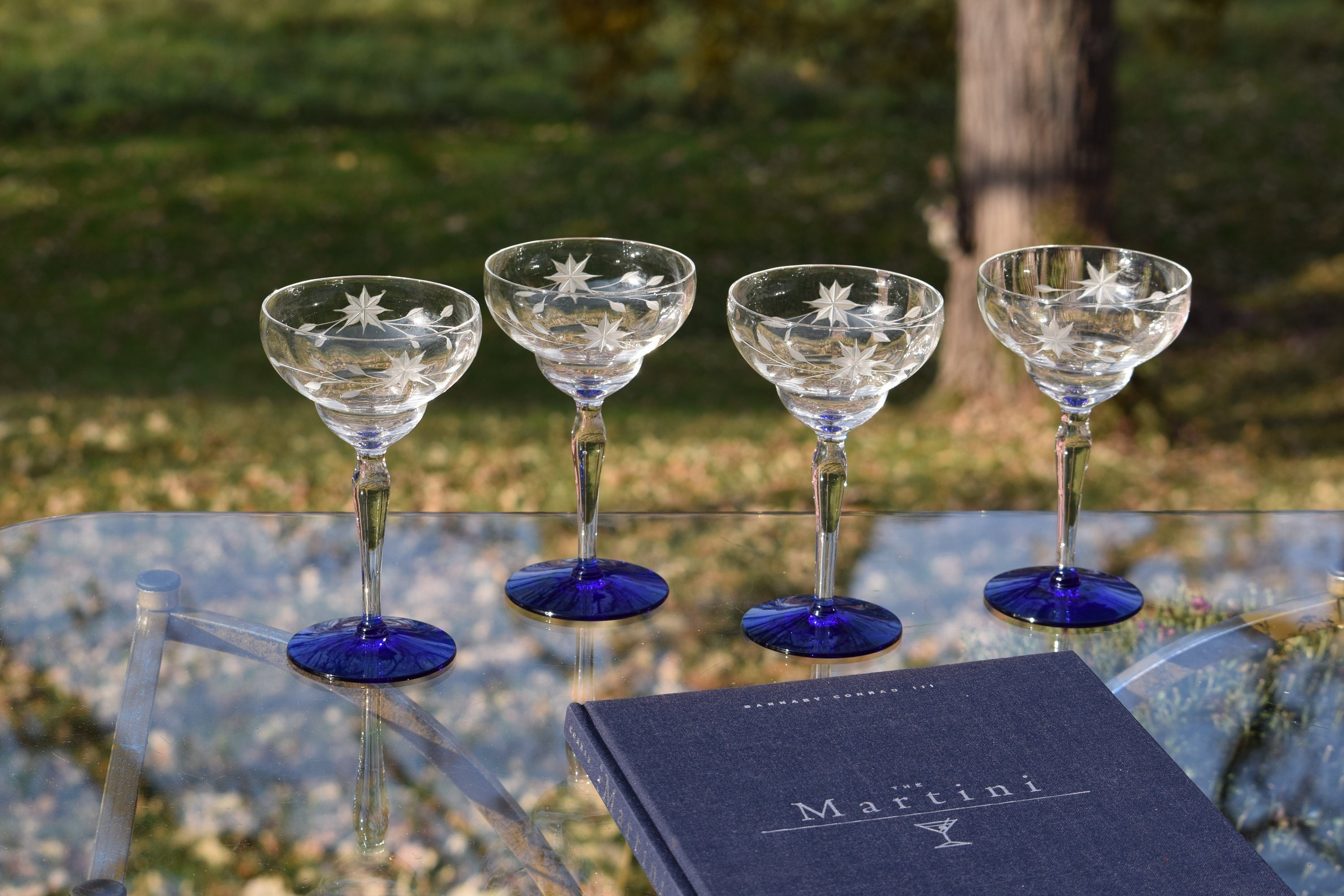 4 Vintage Etched Cocktail glasses, 1950's, Cobalt Blue 4 oz