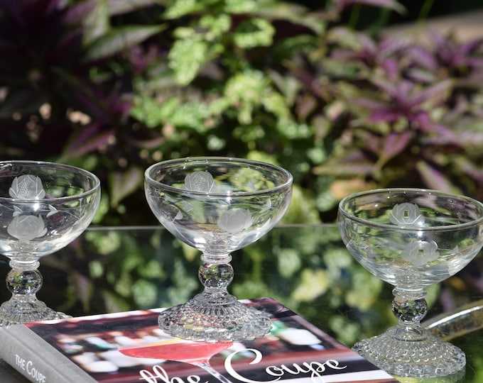 COCKTAIL HOUR In Style!  5 Vintage Etched Cocktail Martini Glasses, Nick and Nora Coupe, 1950's, Etched Champagne Glasses~ Coupes