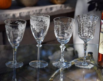Vintage Etched Wine Glasses - Mis-Matched Etched Vintage Stemware, Set of 4