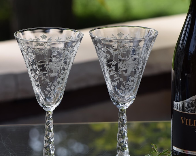 Vintage Etched Wine Glasses,  Set of 4, Fostoria, Mayflower, circa 1938,  Vintage Acid Etched Water Goblets
