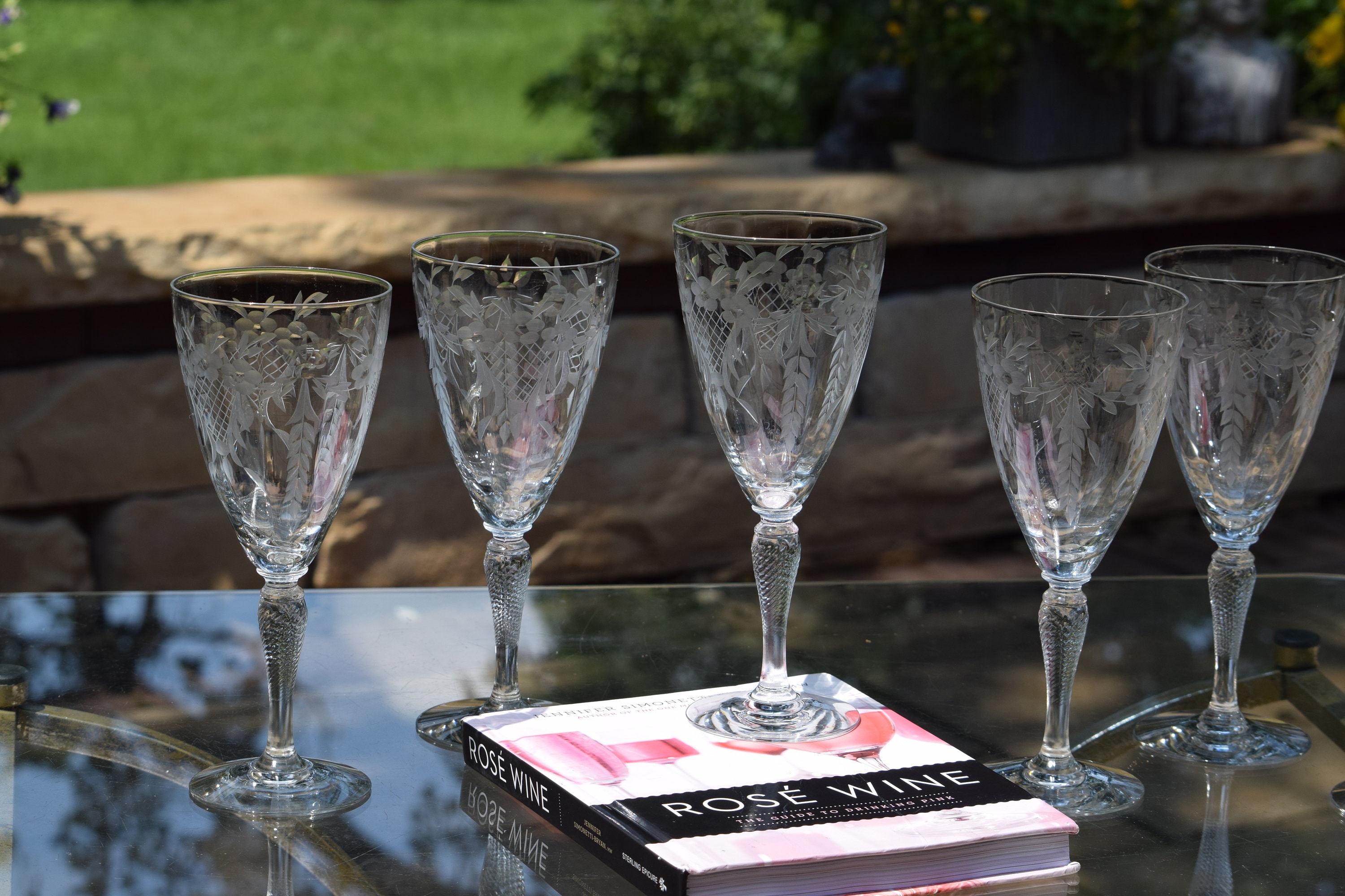 6 Vintage Acid Etched Wine Glasses, Lippincott - Bird of Paradise, 1940's,  Antique Etched Water Goblets, Vintage Wedding Glasses