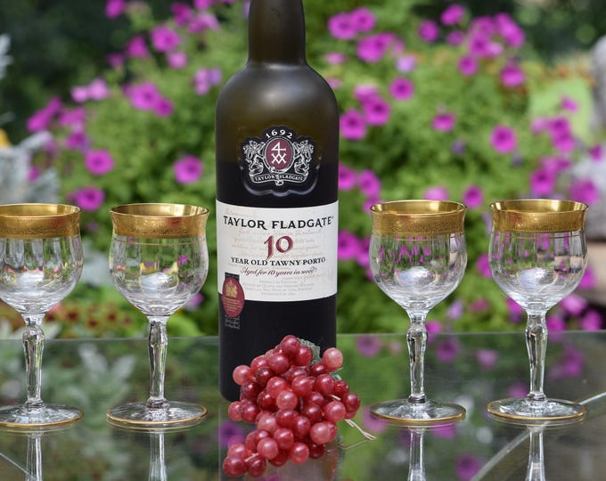 Little Sips! 4 Vintage Gold Encrusted Wine Cordials, Tiffin Franciscan, 1940's 4 oz After Dinner Dessert Wine Glasses 4 oz Port Wine Glasses