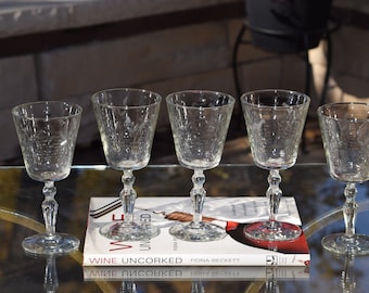 5 Vintage Etched Wine Glasses, Rock Sharpe, circa 1950's,  Antique Etched Wine Glasses, Wedding Champagne Toasting Glasses