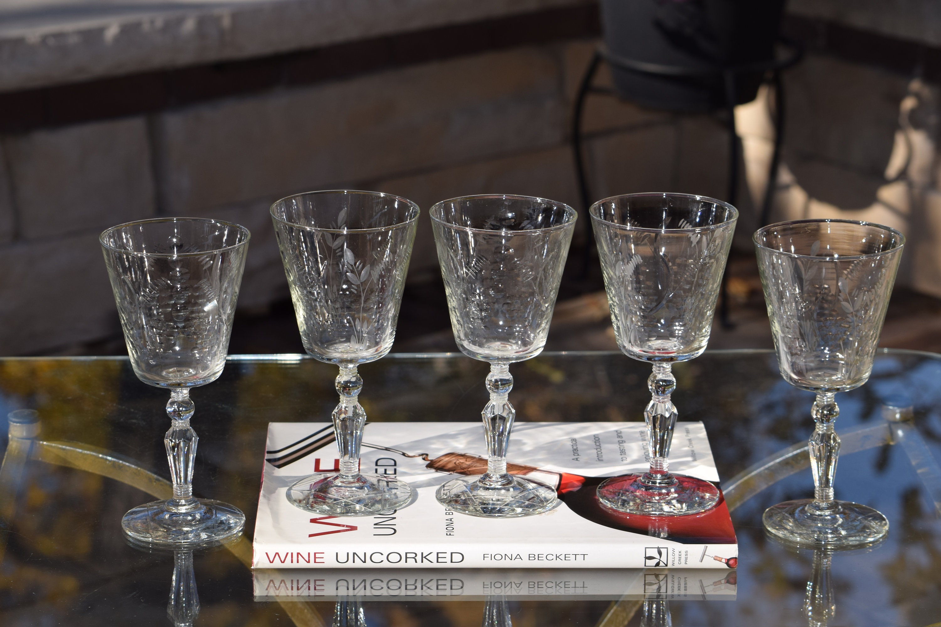 4 Vintage Etched Tall Wine Glasses ~ Water Goblets, Rock Sharpe, 1950's  Crystal Wine Glass, Unique Etched Wine Glasses, Wedding Glasses