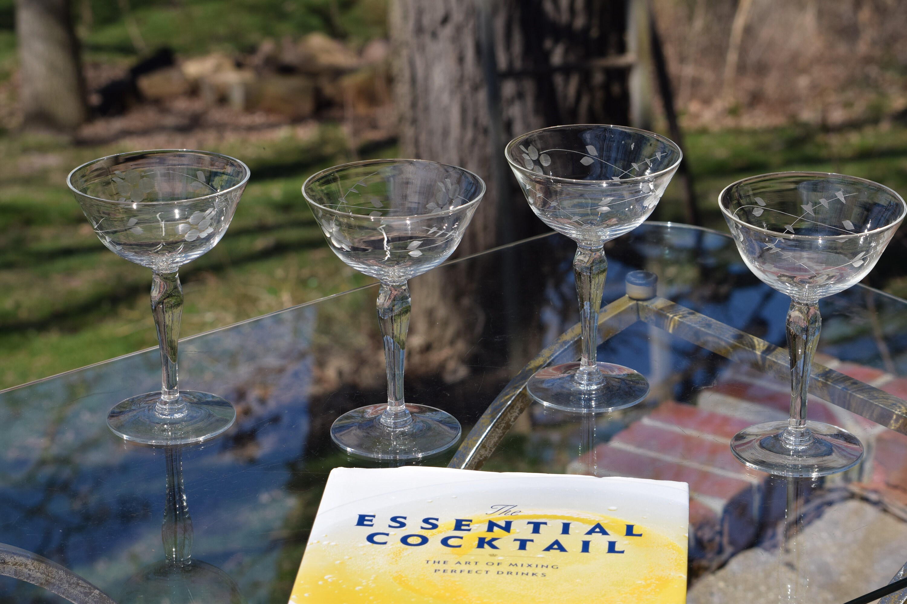 Vintage Etched Tall Cocktail Martini Glasses, Set of 4, 1950's, Vintage