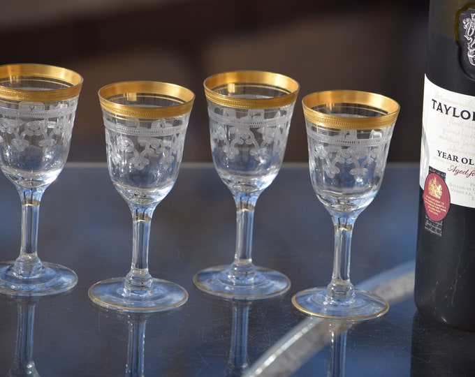 6 Vintage Needle Etched Gold Encrusted Liqueur ~ Wine Glasses ~ Cordials, Tiffin Franciscan 1920's, After Dinner 2 oz Port Wine Glasses