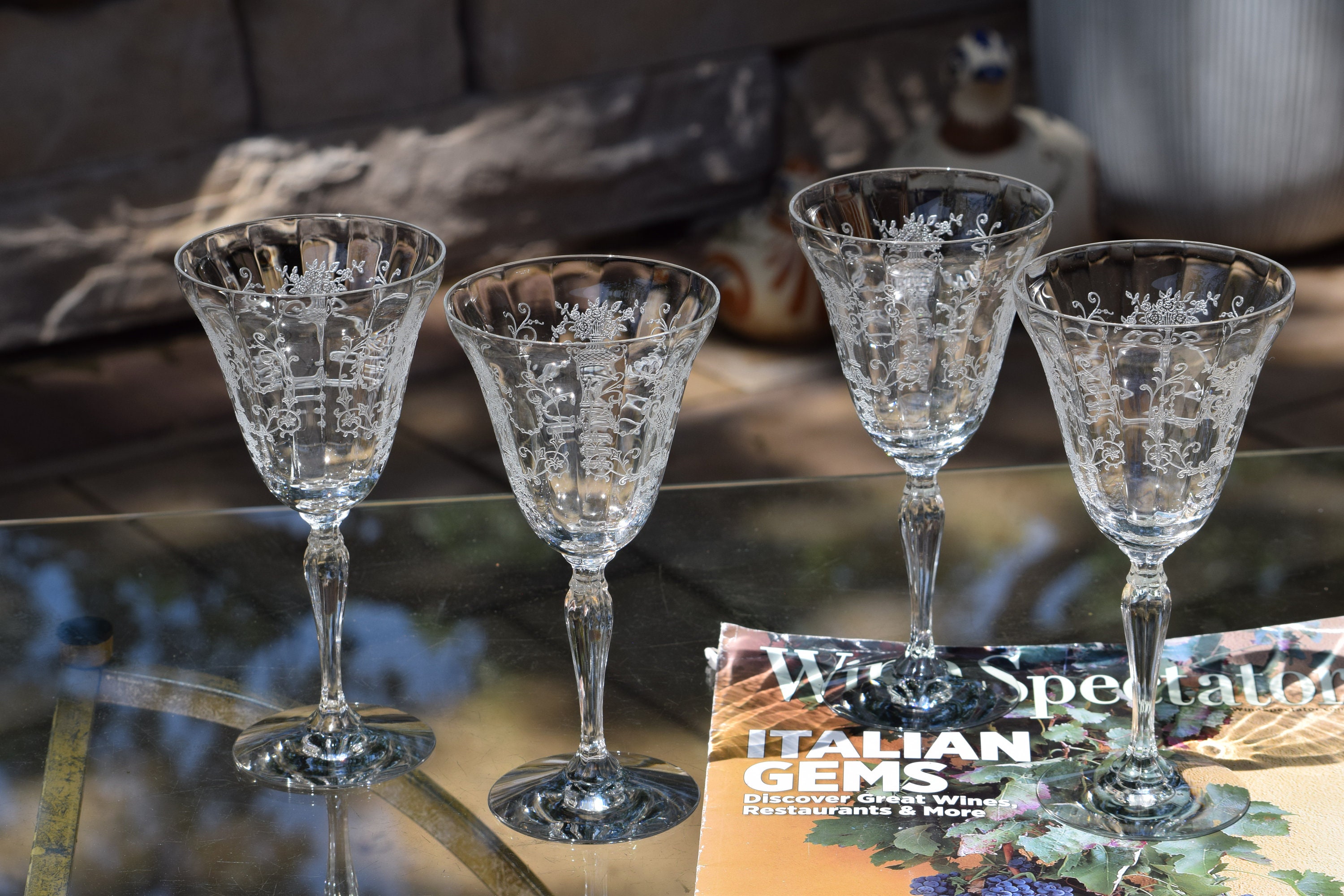 5 Vintage Acid Etched Crystal Water Goblet - Wine Glasses