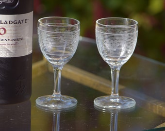 5 Vintage Etched Glass Cordials: 3oz Port Wine Glasses, 1939