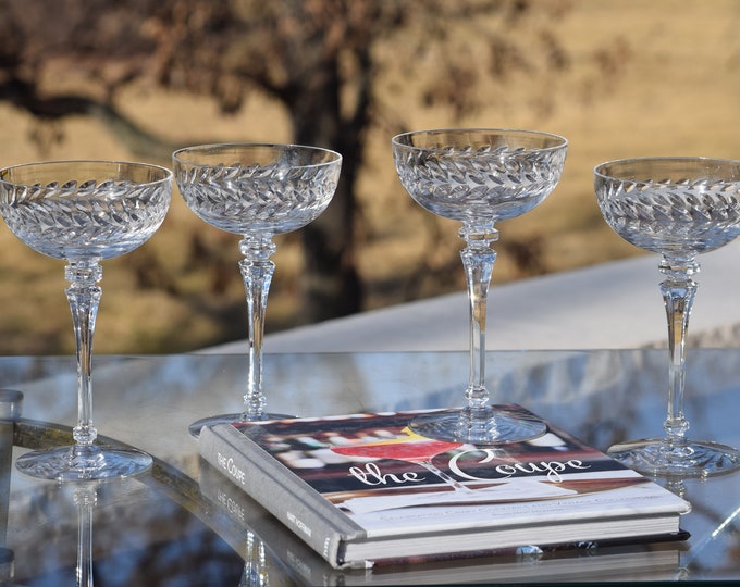 4 Vintage Crystal Etched Cocktail Glasses, Tiffin Franciscan, 1950's, Nick and Nora Coupe Vintage Champagne Cocktail Coupes, Craft Cocktails