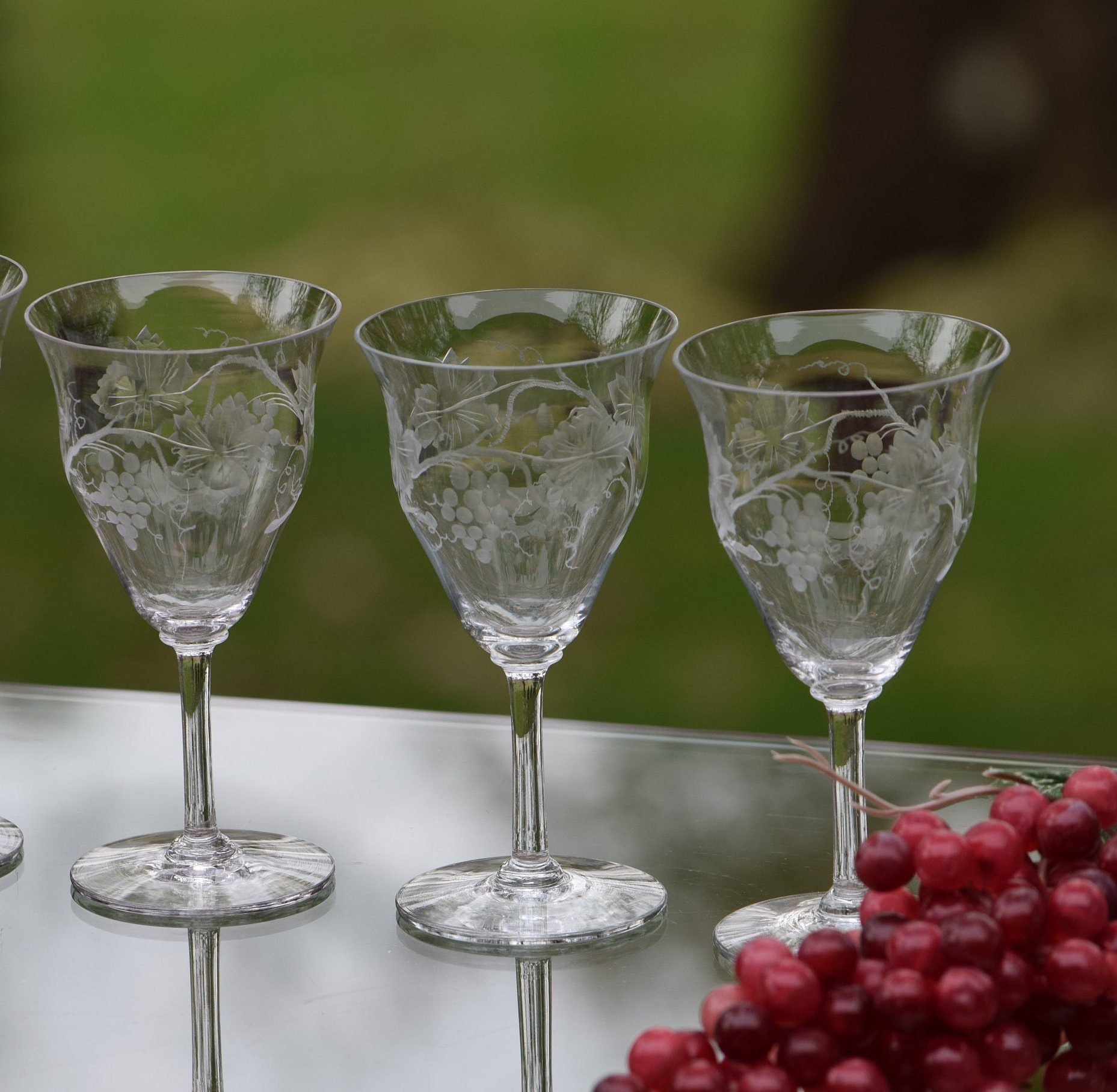 Vintage Etched Wine Glasses, Set of 5, circa 1950, 4 oz, Vintage