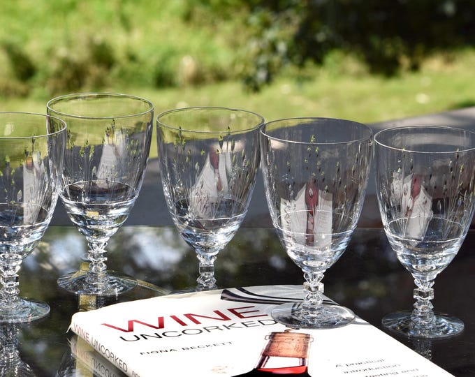 Stunning! 5 Vintage Crystal Etched Wine Glasses, Tiffin Franciscan, Theda, c. 1960's, 12 oz Ice Tea ~ Water Goblets,  Crystal Wine Glasses