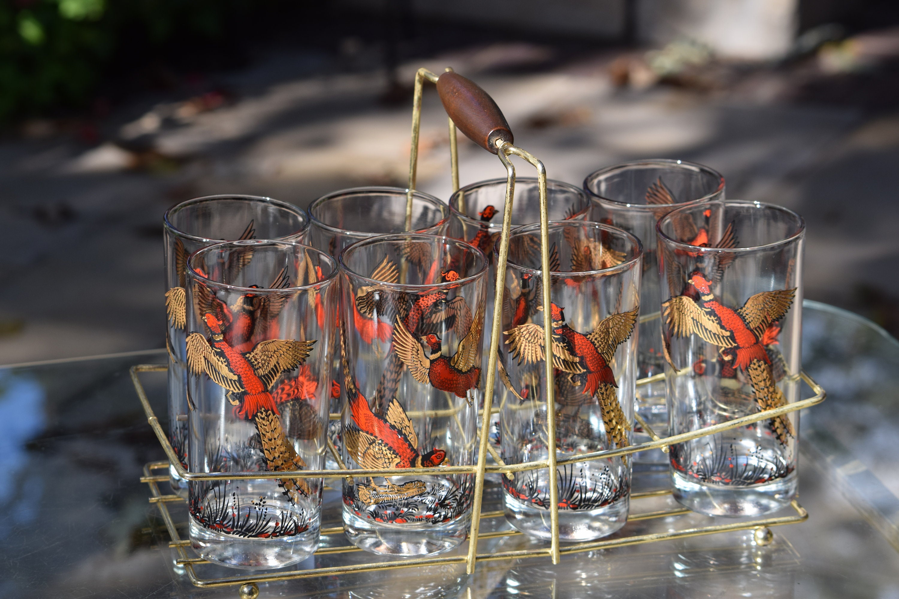 Set of 6 Gold and Red Pheasant Vintage Drinking GLASSES Mid