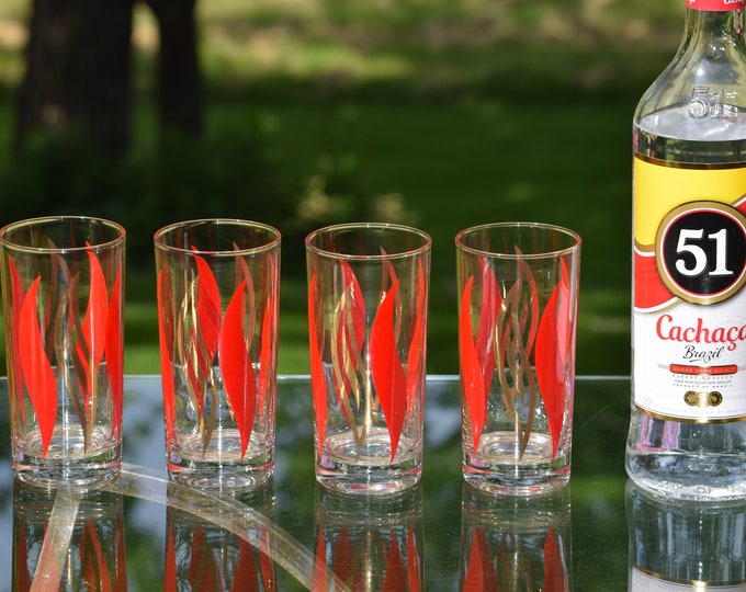 MID CENTURY BARWARE! 6 Vintage Red Gold Highball Cocktail glasses, 1950's, Vintage Whiskey ~ Bourbon ~ Scotch Glasses, Mid Century Highballs