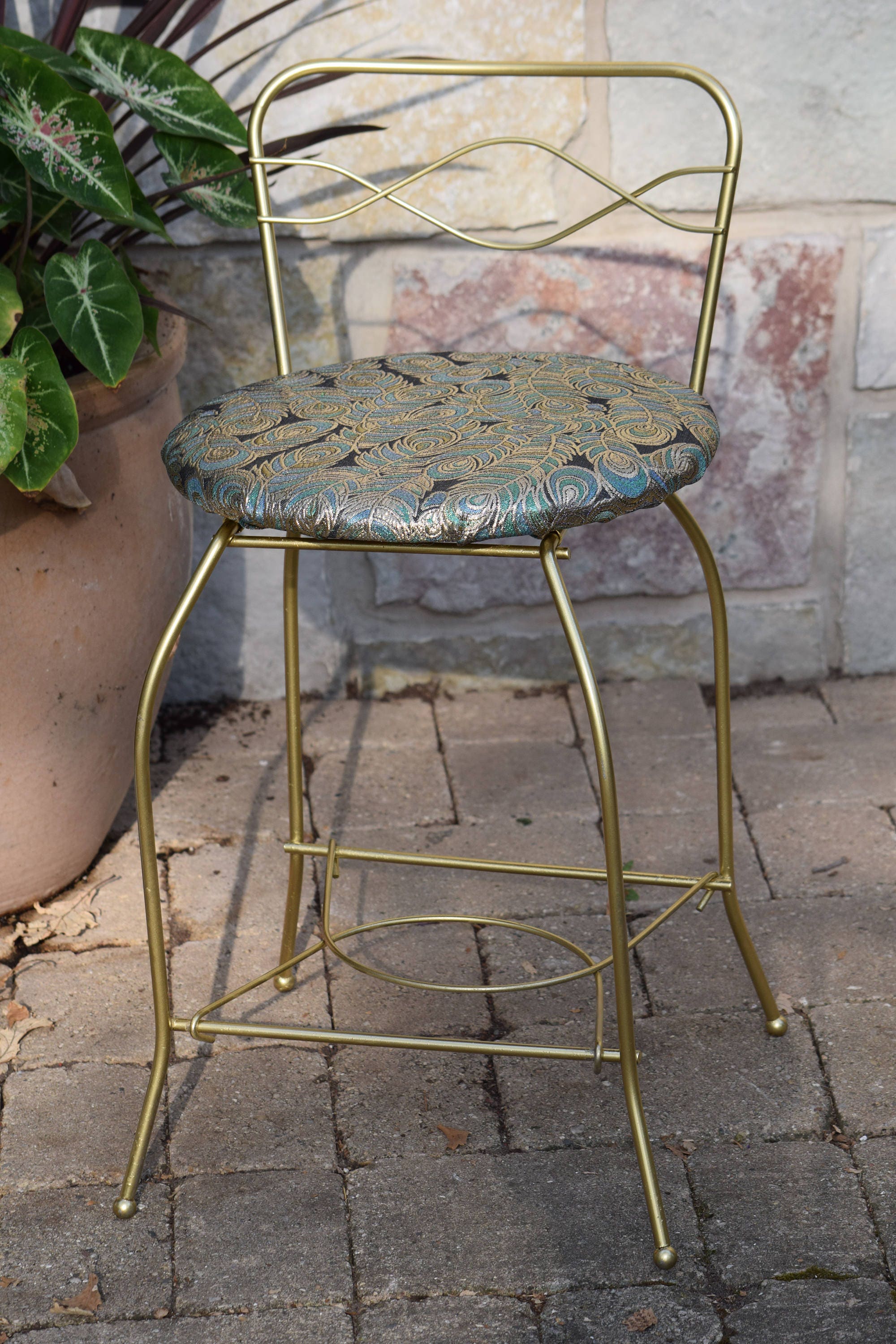 Vintage Hollywood Regency Gold Metal Vanity Chair with Peacock Fabric
