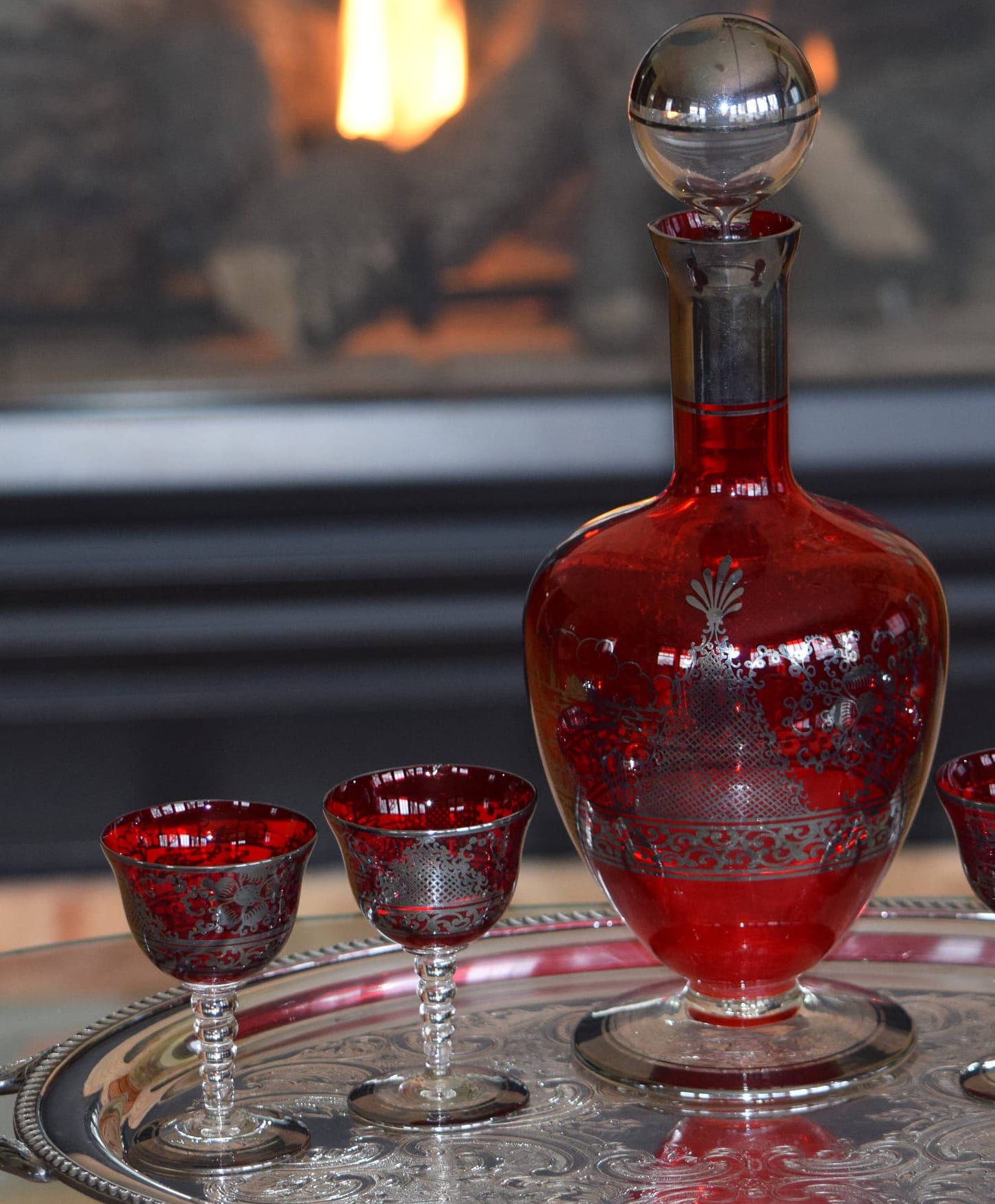 Vintage Red Hand Blown Glass Wine Decanter with Silver Hand Painted