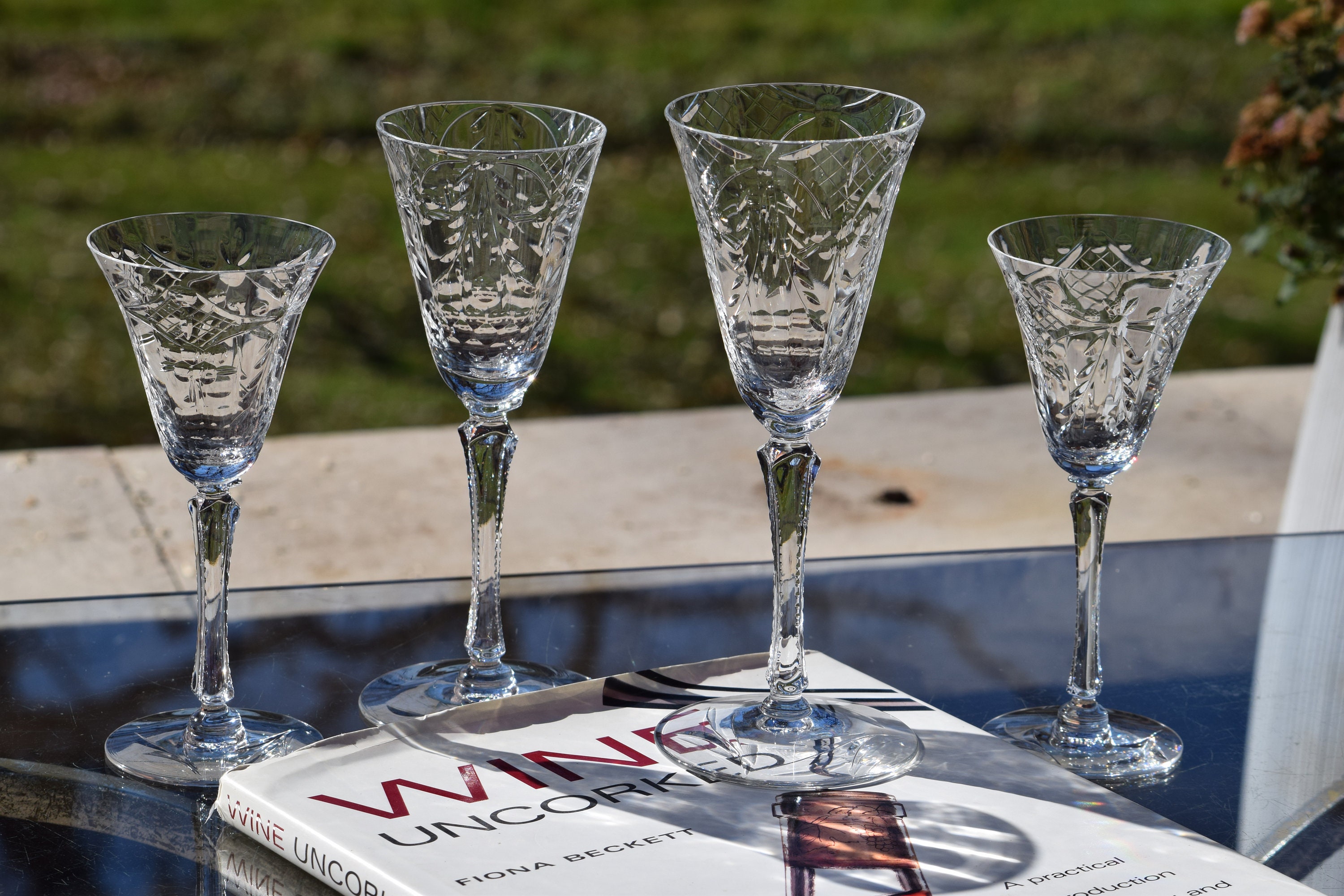 4 Vintage Etched Crystal Wine Glasses ~ Port Wine Glasses, Set of