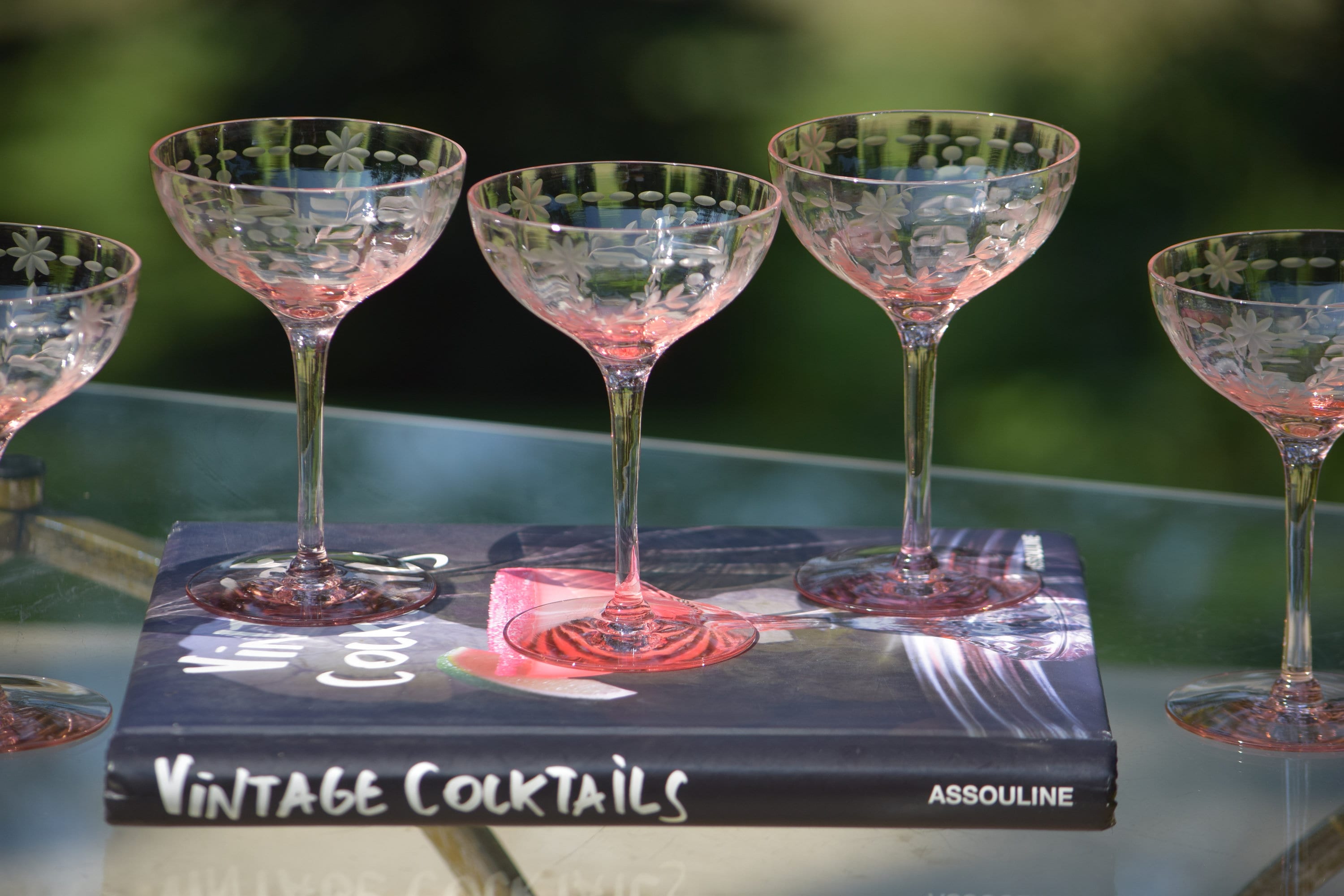 4 Vintage Cocktail Coupes - Glasses Pink Stems, 4 oz Small