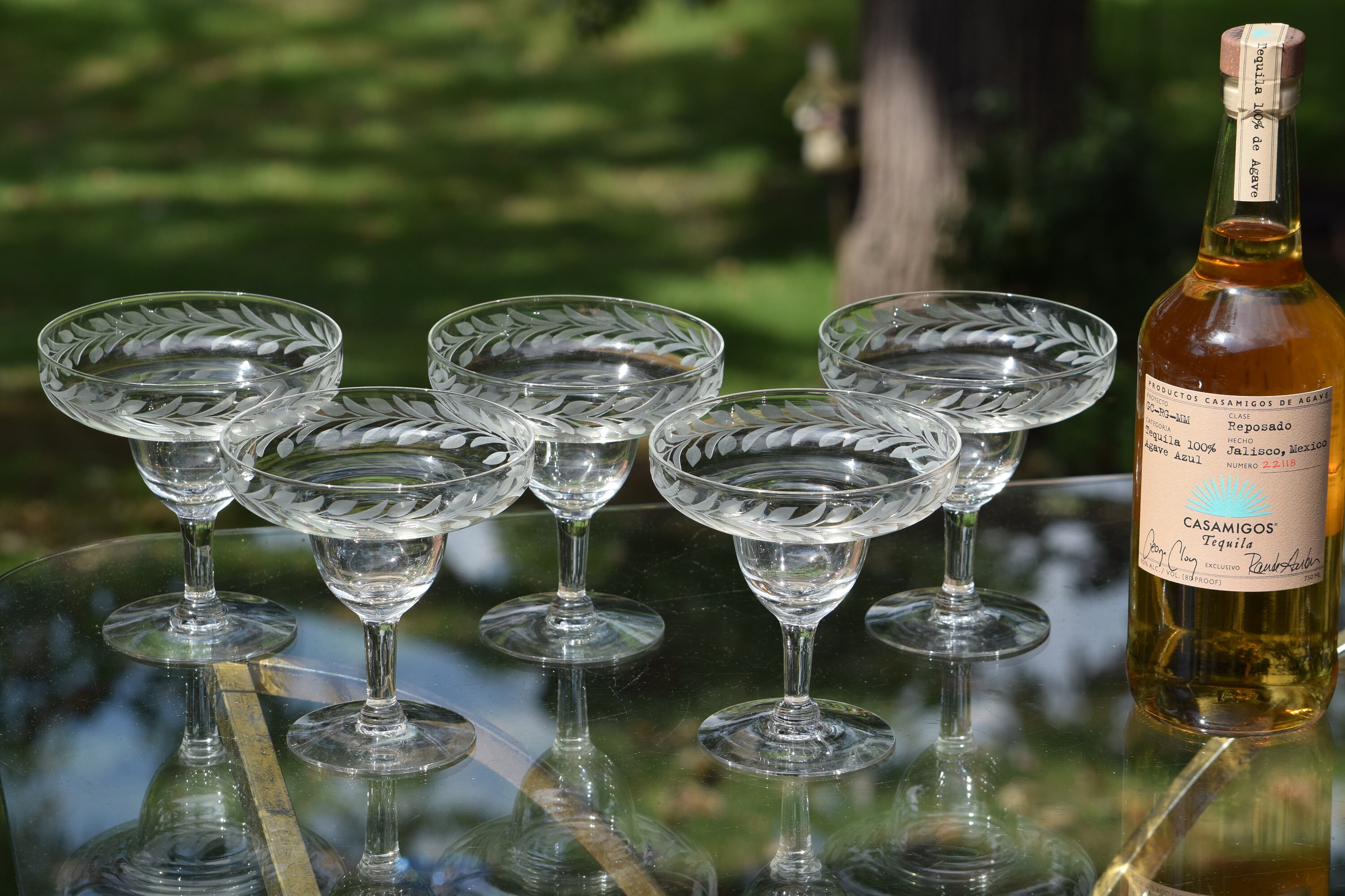 SOLD Reserved for Blake Vintage Etched Margarita Cocktail Glasses