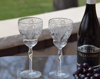 Vintage Etched Wine Glasses - Tiffin Franciscan, 1940's ~ Set of 4, Vintage Glassware