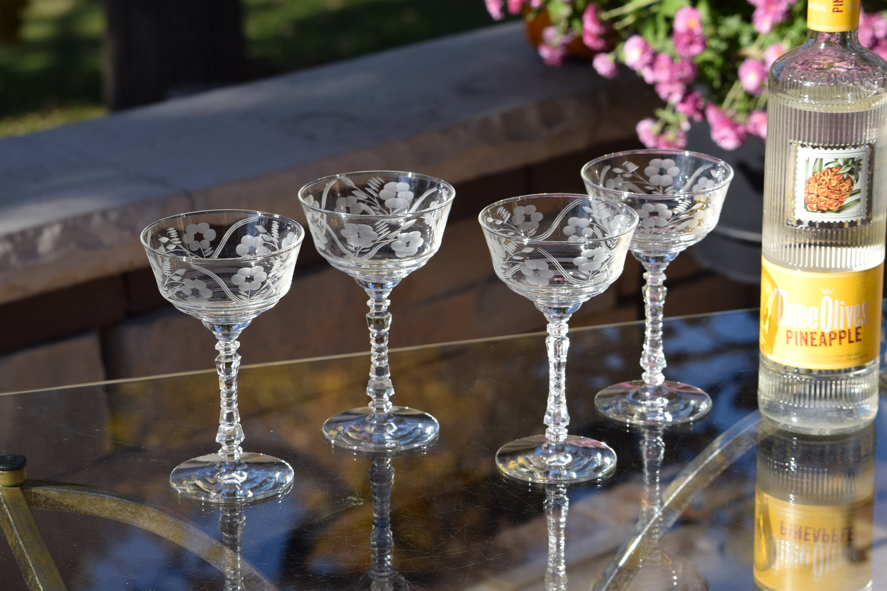 Vintage Etched Crystal Martini Glasses, Cordial Glasses, and Wine