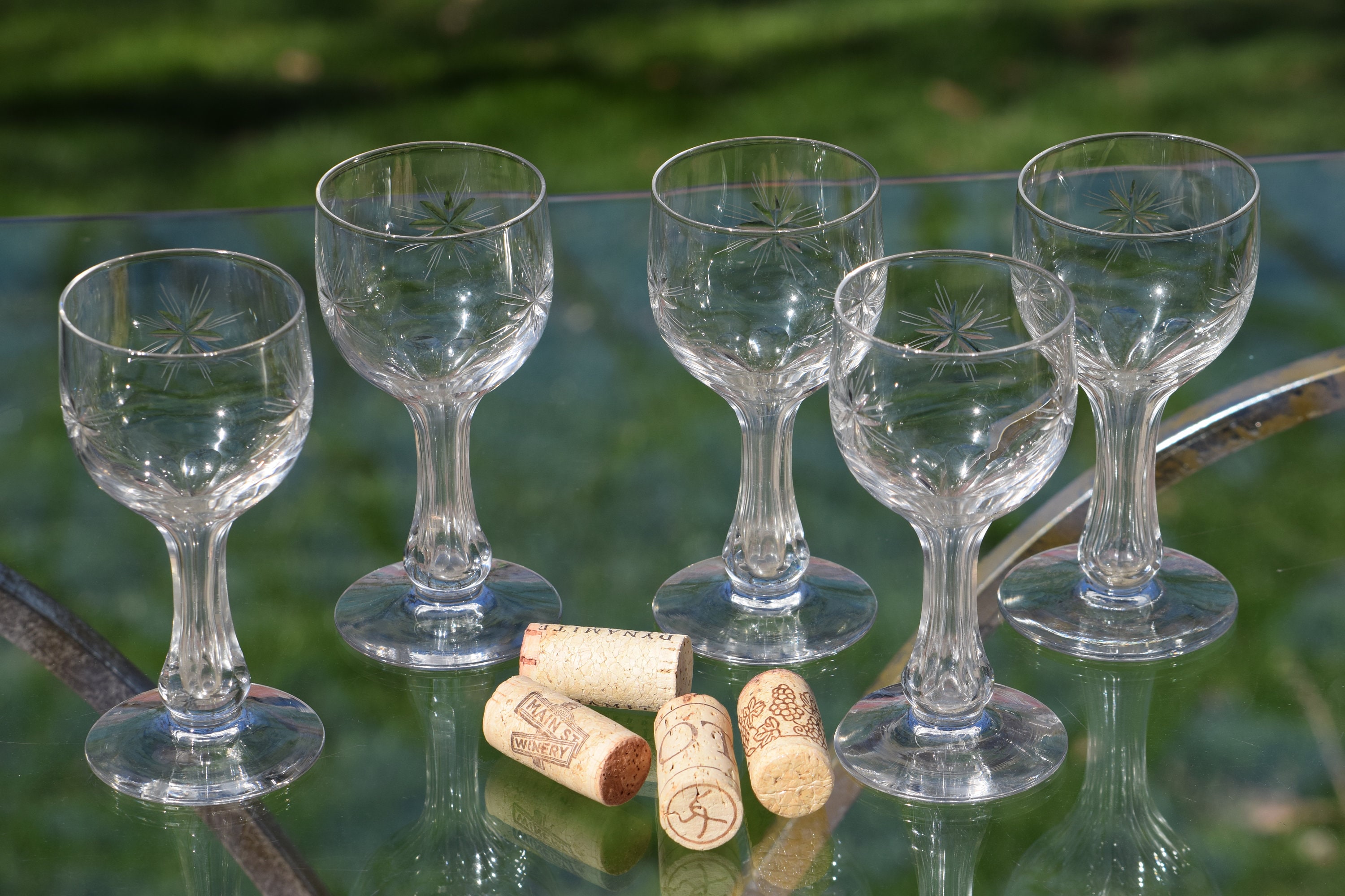 Vintage Etched Hollow Stem Wine Glasses, Set of 5, Antique Wine Glasses