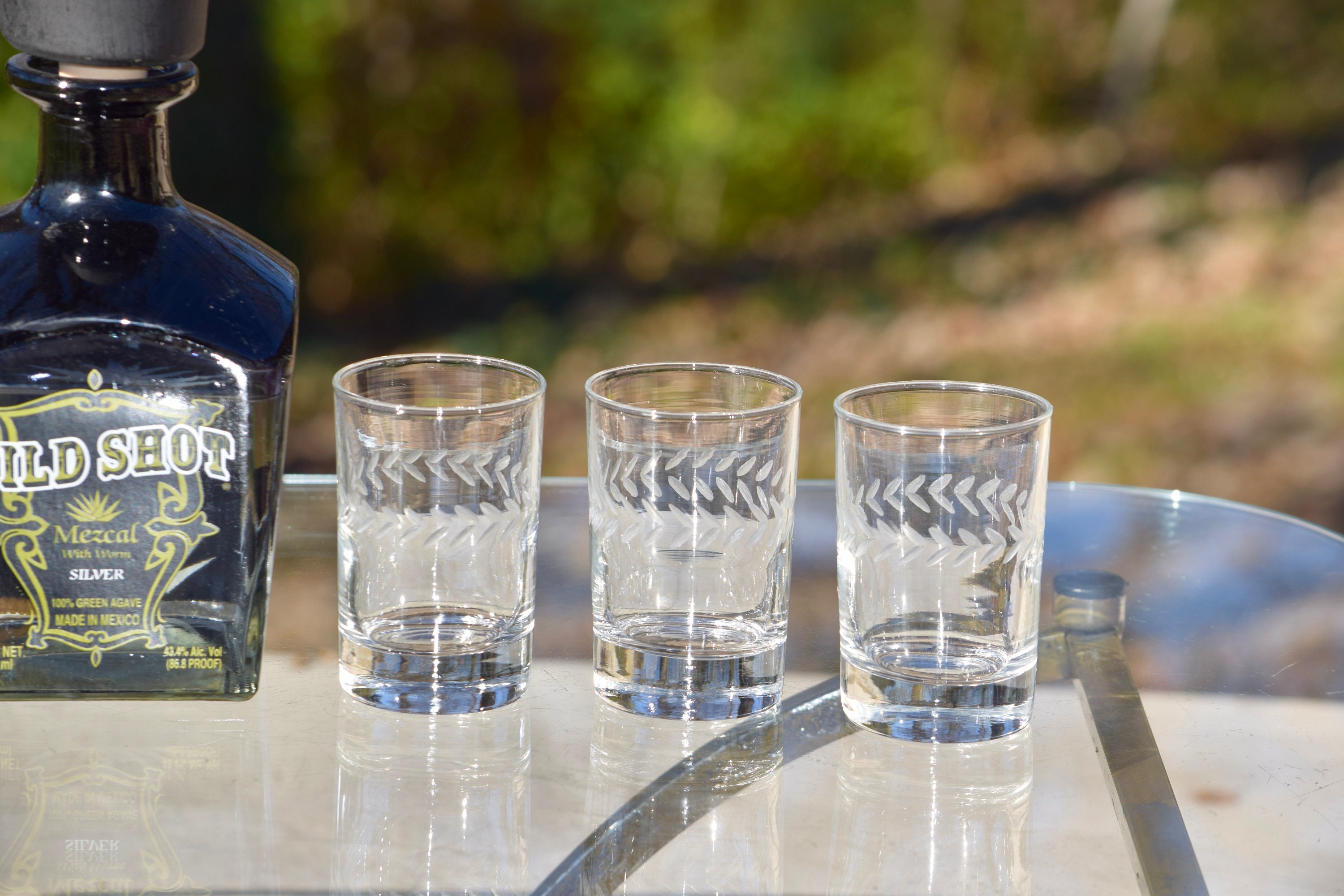 6 Vintage Etched Lowball Glasses, Vintage Etched 5 oz Lowball Whiskey