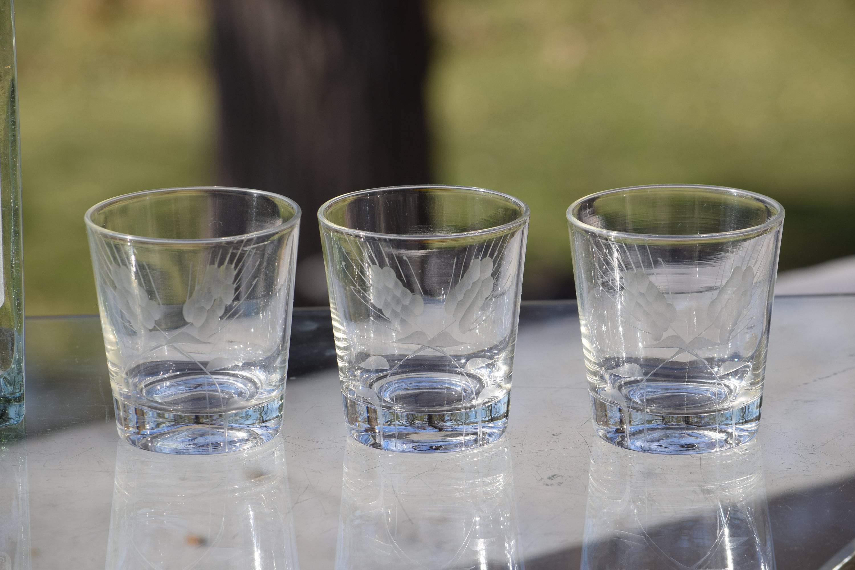 3 Vintage Etched Lowball Glasses, 1970's, Vintage Etched 6 oz Lowball