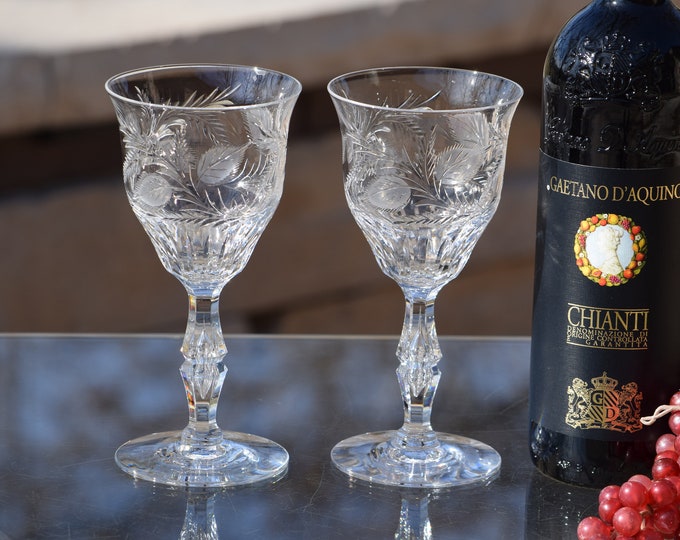 BEAUTIFUL! EXQUISITE! 2 Vintage Crystal Etched Wine Glasses, Tiffin Franciscan, Parkwood, c. 1950's, 8 oz Water Goblets