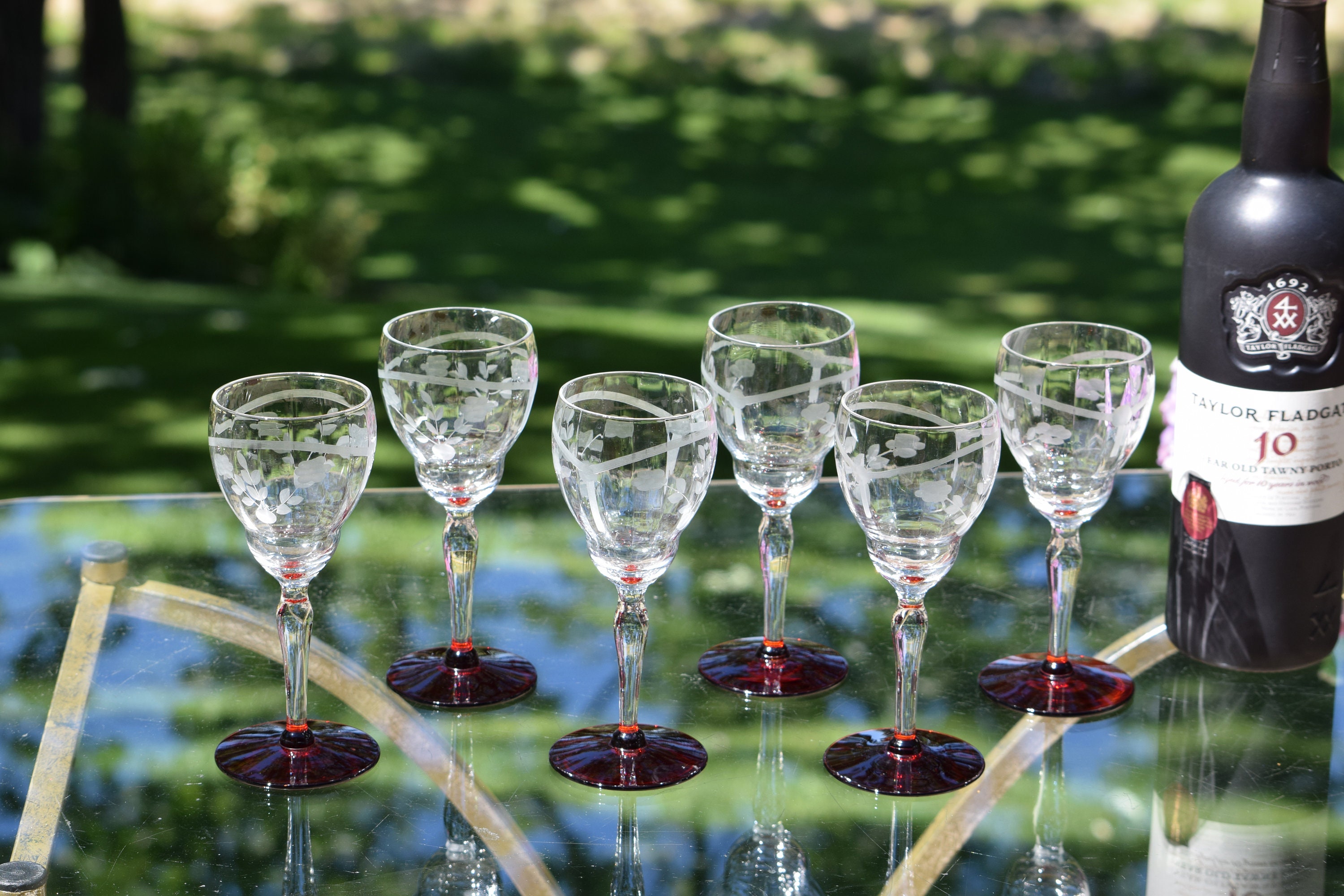 6 Vintage Etched with Ruby Red Foot Wine Glasses, circa 1950, 5 oz Wine  glasses ~ Dessert Wine ~ After Dinner Drink Glasses