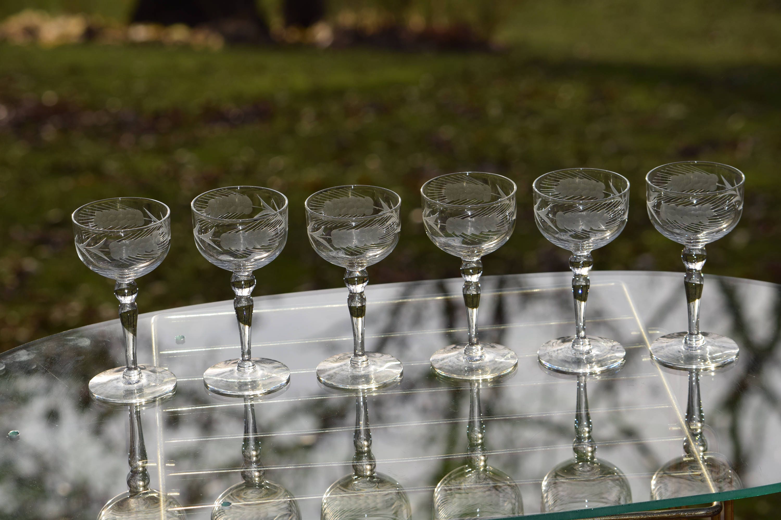 Vintage Etched Wine Glasses, Set of 6, Wheat Etched Small Cocktail