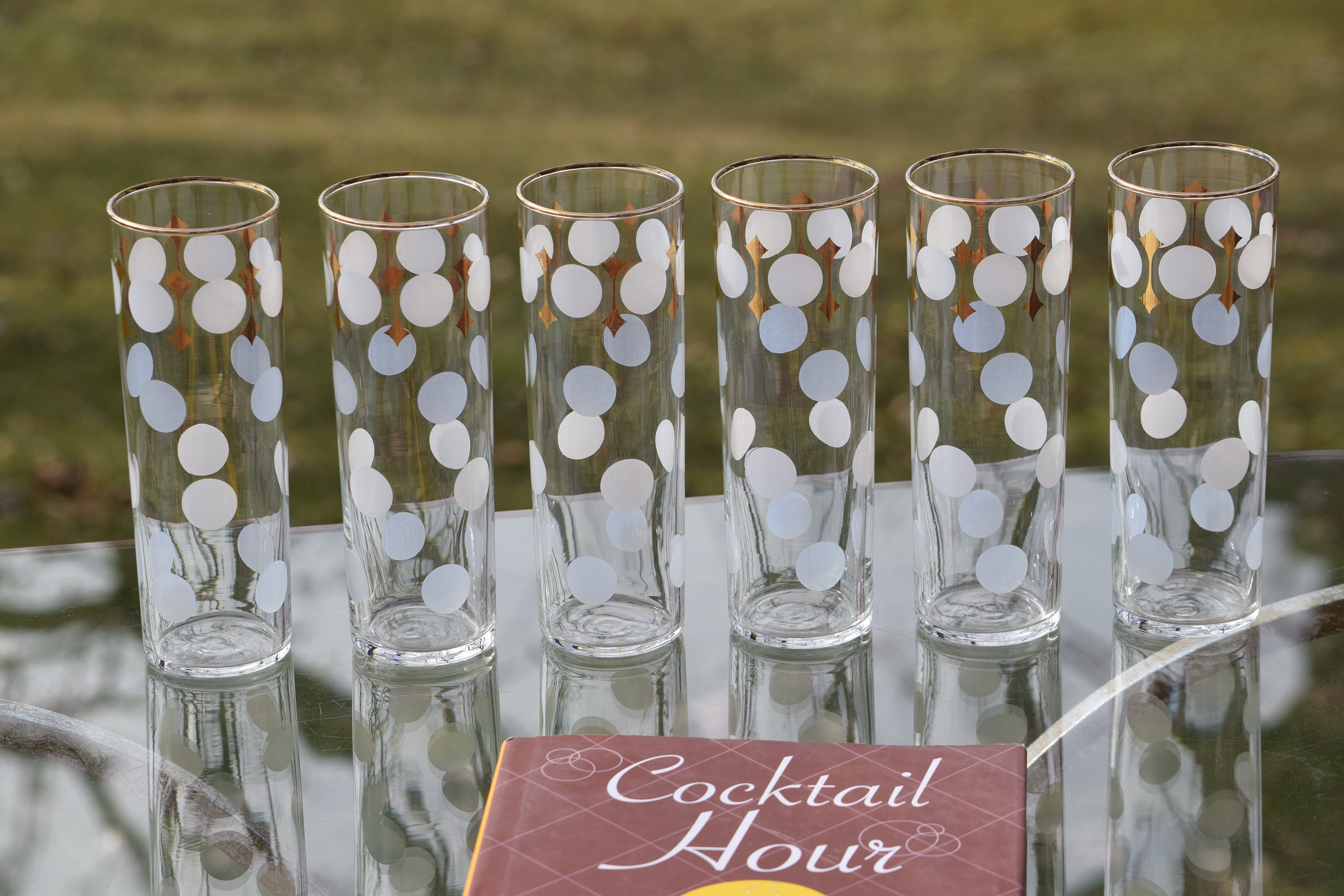 Vintage Gold & White COLLINS Glasses, Set of 6, Vintage Libbey Collins